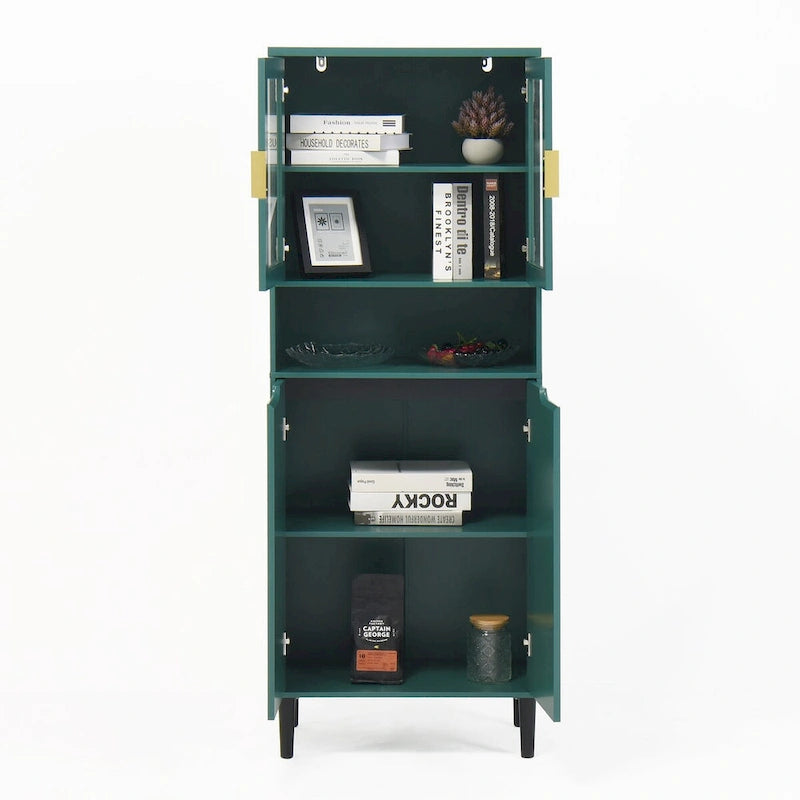 Green/Blue/White Tall Storage Cabinet with Glass Doors, 2-Person Use