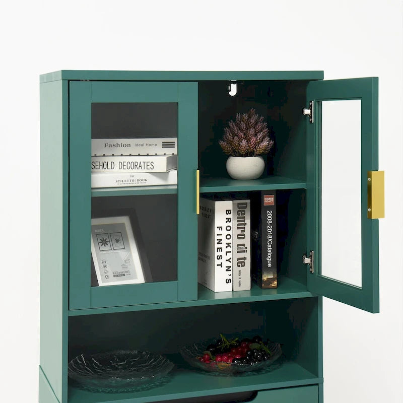 Green/Blue/White Tall Storage Cabinet with Glass Doors, 2-Person Use