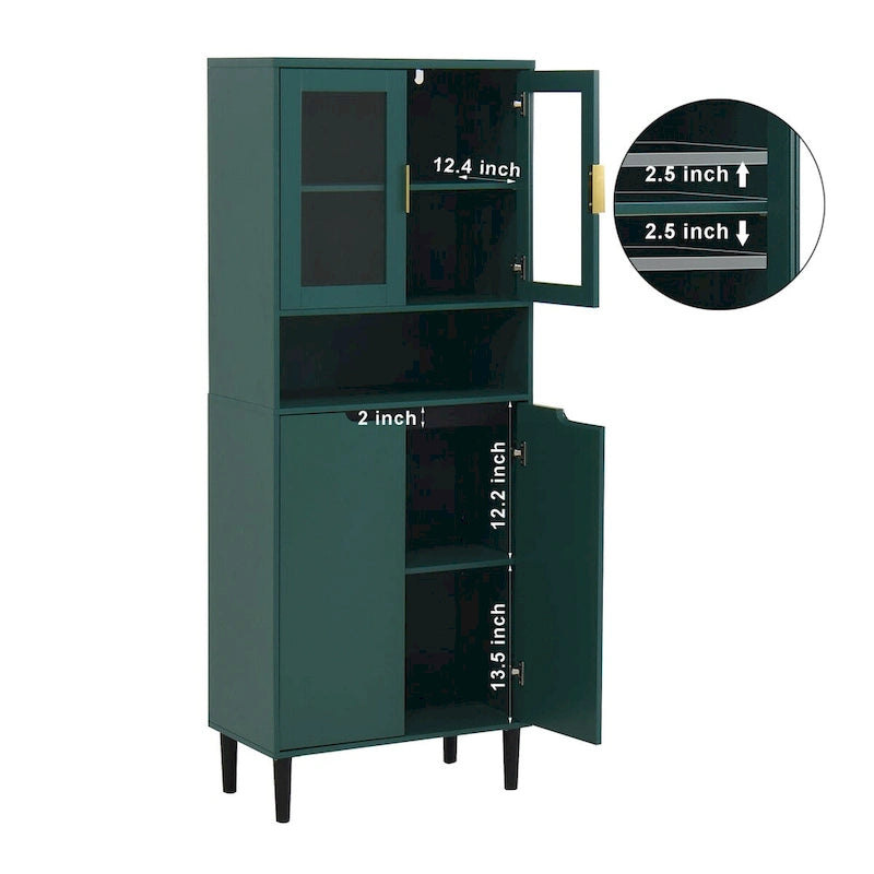 Green/Blue/White Tall Storage Cabinet with Glass Doors, 2-Person Use