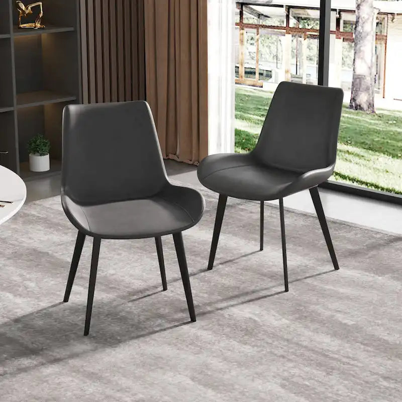 Grey / Brown Mid-Century Dining Chair, PU Leather, Set of 2