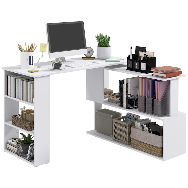 White / Natural L-Shaped Corner Desk with Rotating Shelves, 1-Person Workstation