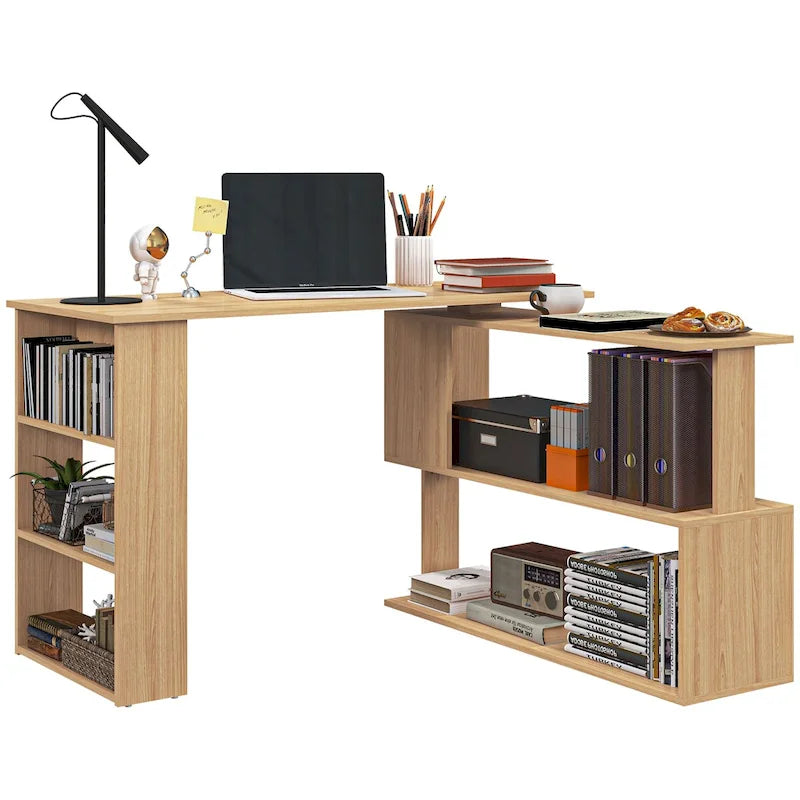 White / Natural L-Shaped Corner Desk with Rotating Shelves, 1-Person Workstation