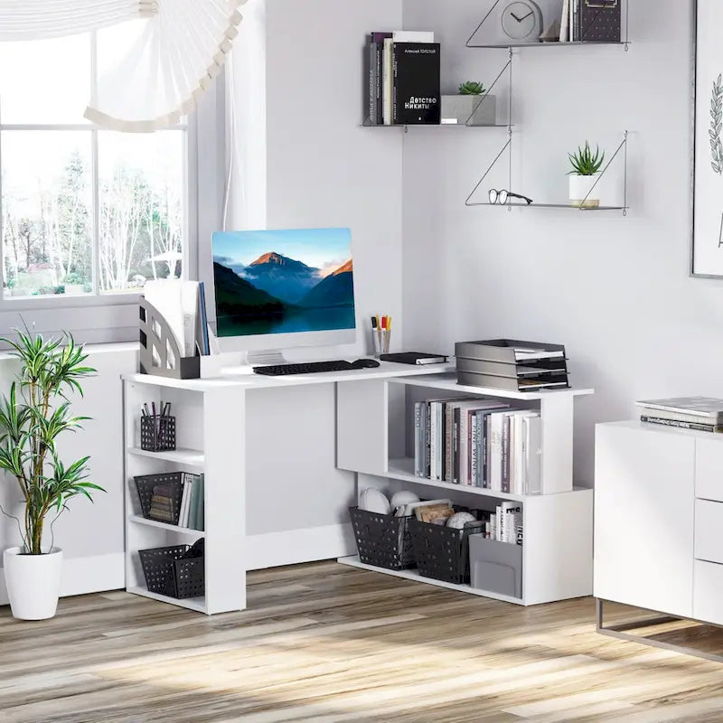 White / Natural L-Shaped Corner Desk with Rotating Shelves, 1-Person Workstation
