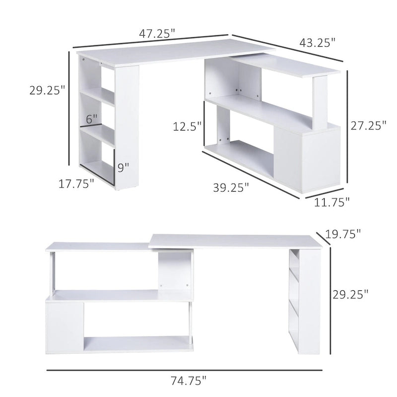 White / Natural L-Shaped Corner Desk with Rotating Shelves, 1-Person Workstation