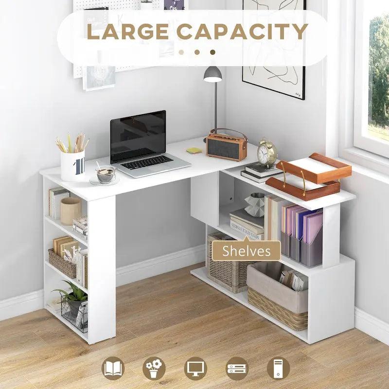 White / Natural L-Shaped Corner Desk with Rotating Shelves, 1-Person Workstation