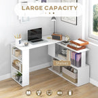 White / Natural L-Shaped Corner Desk with Rotating Shelves, 1-Person Workstation