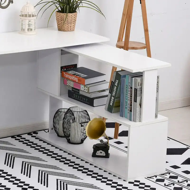 White / Natural L-Shaped Corner Desk with Rotating Shelves, 1-Person Workstation