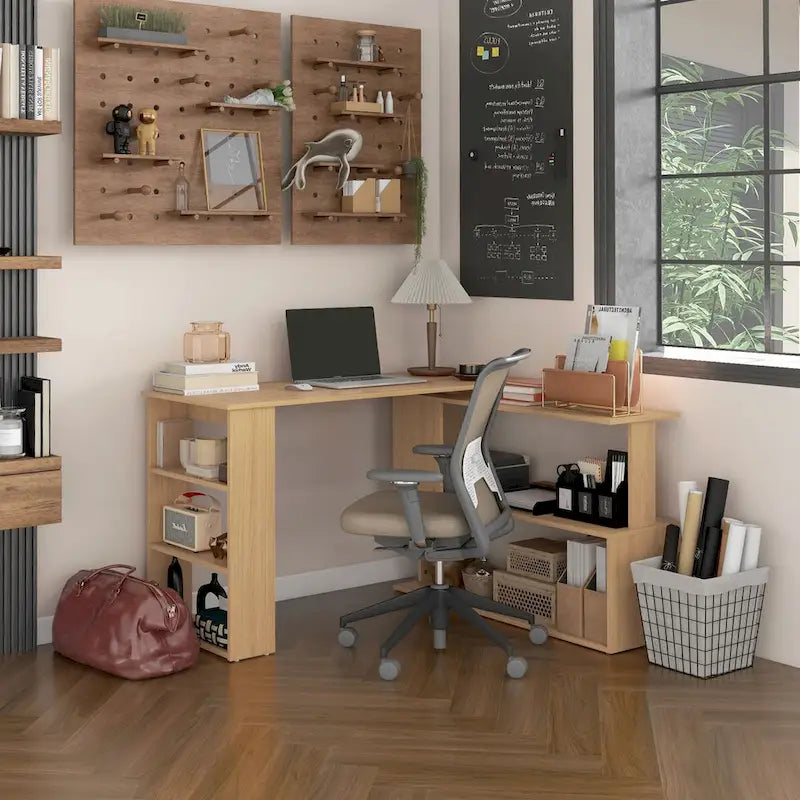 White / Natural L-Shaped Corner Desk with Rotating Shelves, 1-Person Workstation