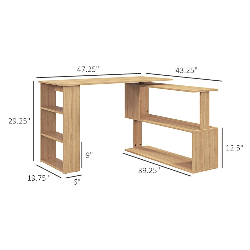 White / Natural L-Shaped Corner Desk with Rotating Shelves, 1-Person Workstation