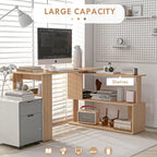 White / Natural L-Shaped Corner Desk with Rotating Shelves, 1-Person Workstation