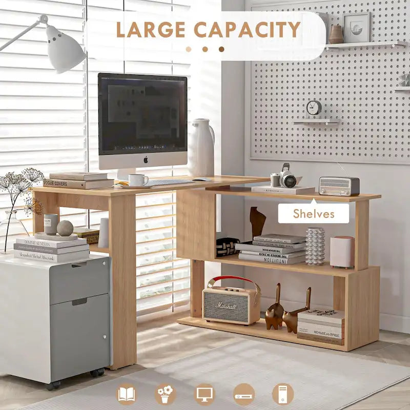 White / Natural L-Shaped Corner Desk with Rotating Shelves, 1-Person Workstation
