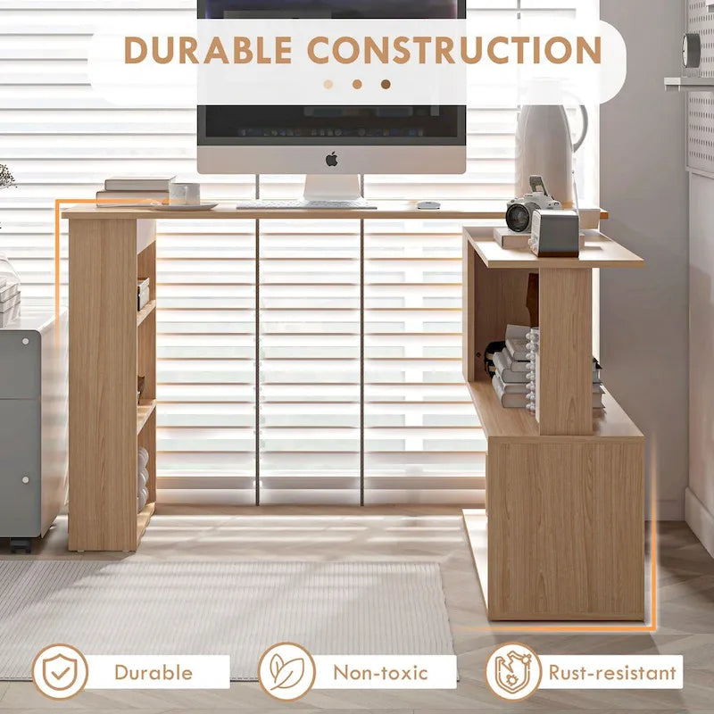 White / Natural L-Shaped Corner Desk with Rotating Shelves, 1-Person Workstation