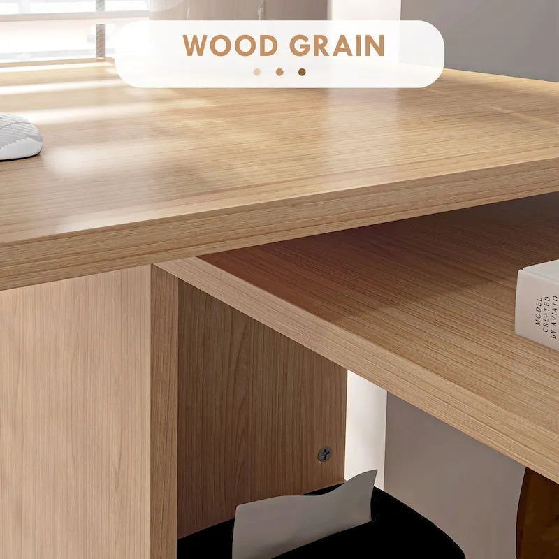 White / Natural L-Shaped Corner Desk with Rotating Shelves, 1-Person Workstation