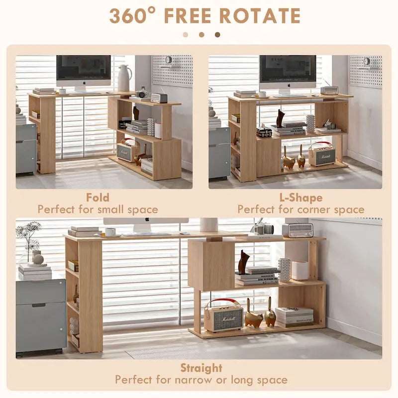 White / Natural L-Shaped Corner Desk with Rotating Shelves, 1-Person Workstation