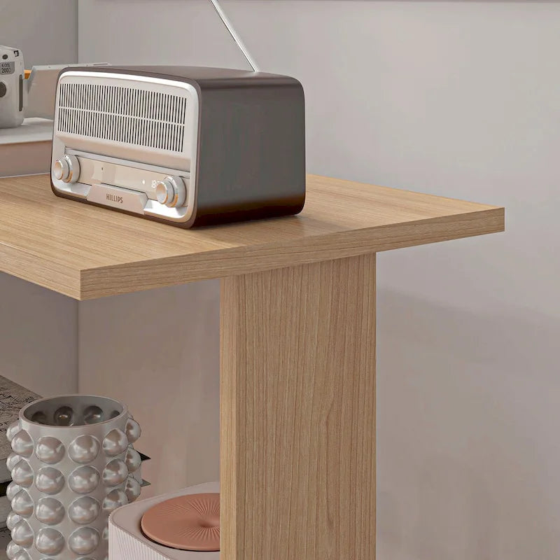 White / Natural L-Shaped Corner Desk with Rotating Shelves, 1-Person Workstation