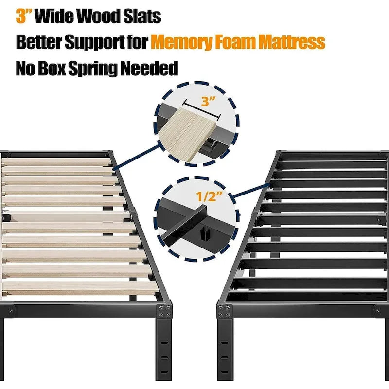 Black Metal Platform Bed Frame with Wood Slats — Twin to California King, 1–2 Person