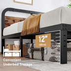 Black Metal Platform Bed Frame with Wood Slats — Twin to California King, 1–2 Person