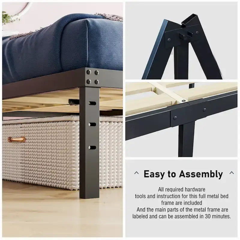 Black Metal Platform Bed Frame with Wood Slats — Twin to California King, 1–2 Person