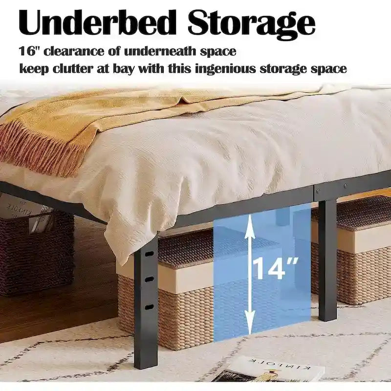 Black Metal Platform Bed Frame with Wood Slats — Twin to California King, 1–2 Person