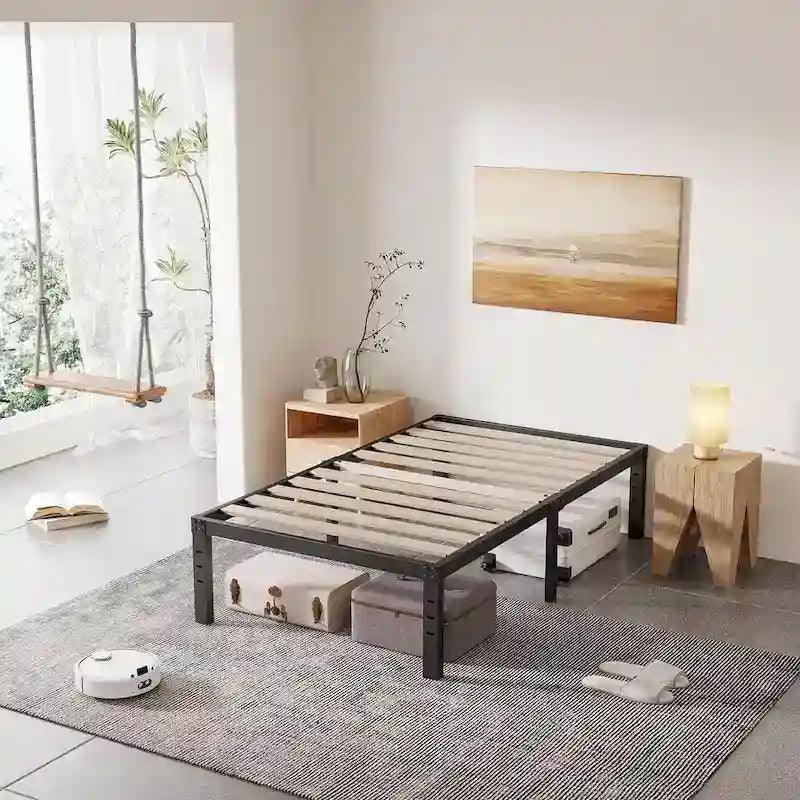 Black Metal Platform Bed Frame with Wood Slats — Twin to California King, 1–2 Person