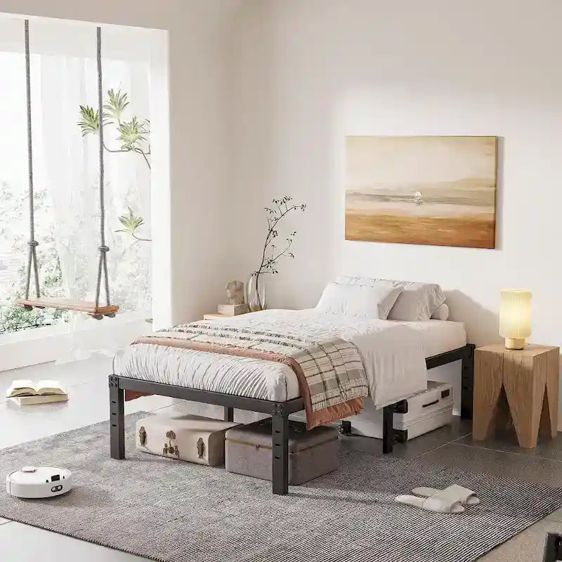 Black Metal Platform Bed Frame with Wood Slats — Twin to California King, 1–2 Person
