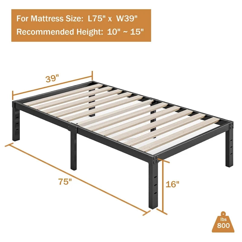 Black Metal Platform Bed Frame with Wood Slats — Twin to California King, 1–2 Person