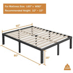 Black Metal Platform Bed Frame with Wood Slats — Twin to California King, 1–2 Person