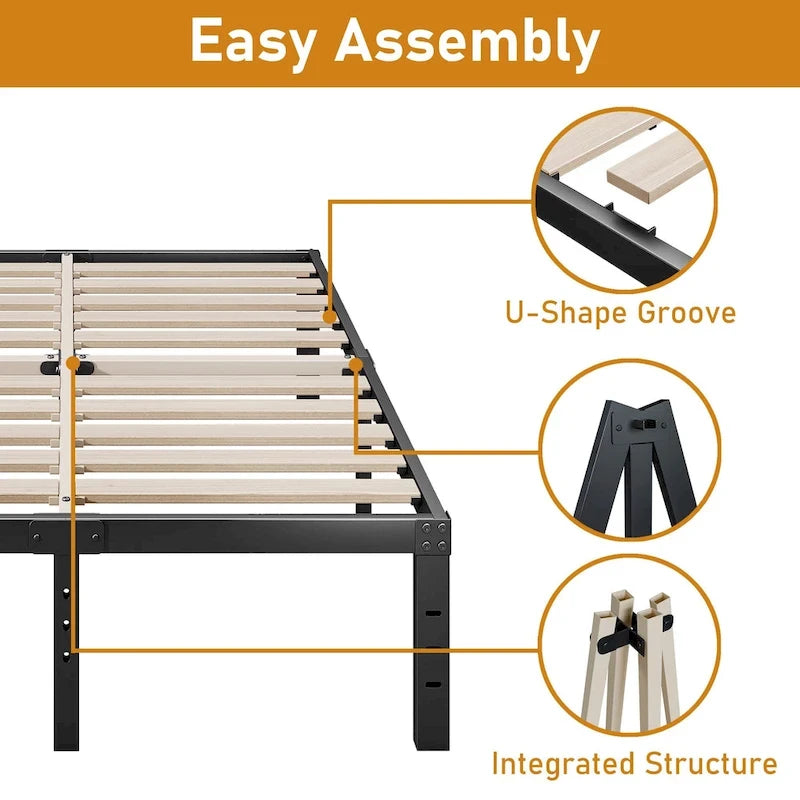 Black Metal Platform Bed Frame with Wood Slats — Twin to California King, 1–2 Person