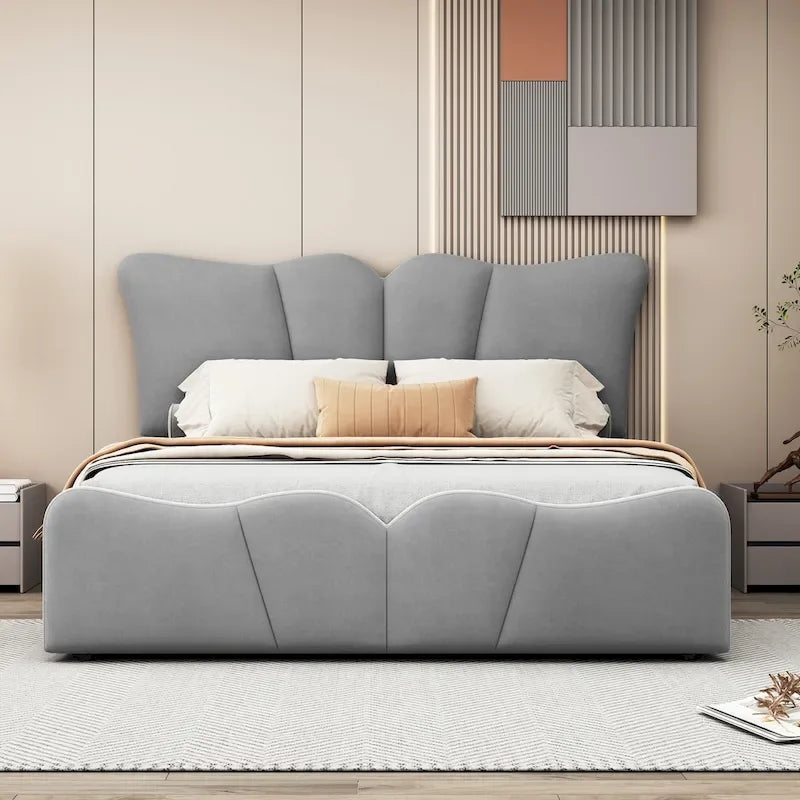 Beige/Grey Velvet Upholstered Platform Bed, Twin/Full, for 1
