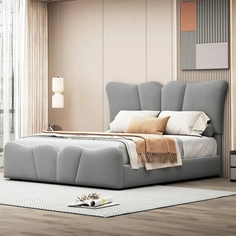 Beige/Grey Velvet Upholstered Platform Bed, Twin/Full, for 1