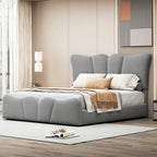 Beige/Grey Velvet Upholstered Platform Bed, Twin/Full, for 1