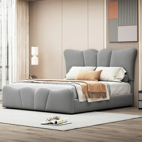 Beige/Grey Velvet Upholstered Platform Bed, Twin/Full, for 1