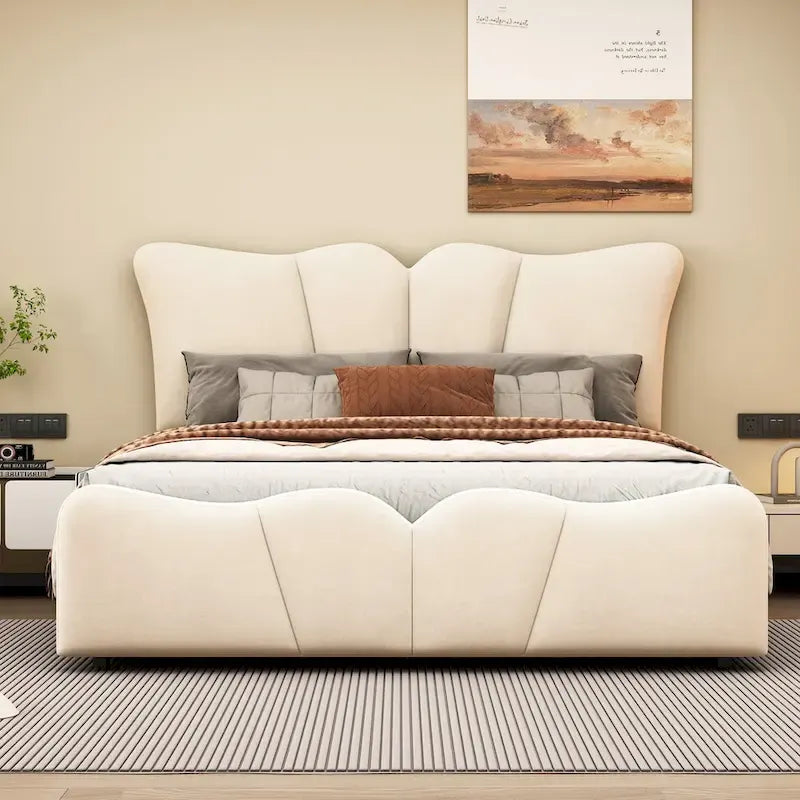 Beige/Grey Velvet Upholstered Platform Bed, Twin/Full, for 1