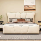 Beige/Grey Velvet Upholstered Platform Bed, Twin/Full, for 1