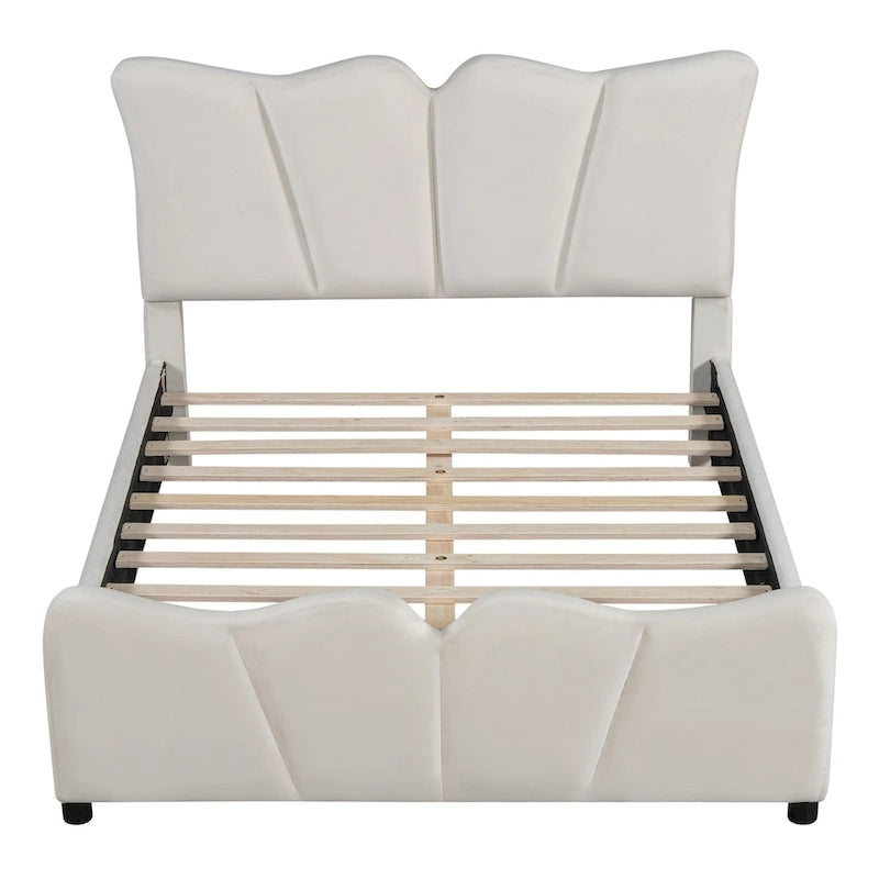 Beige/Grey Velvet Upholstered Platform Bed, Twin/Full, for 1