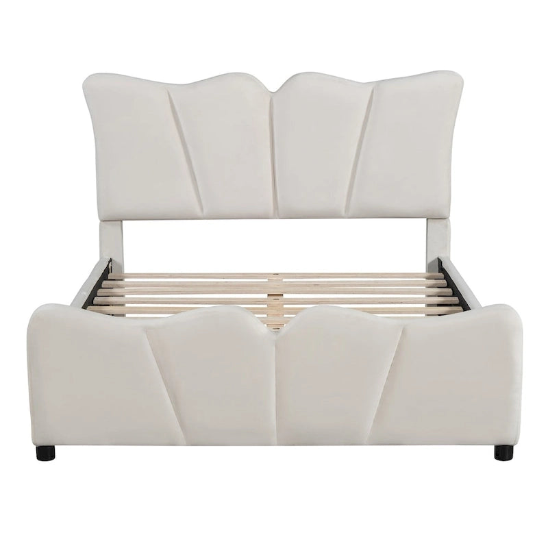 Beige/Grey Velvet Upholstered Platform Bed, Twin/Full, for 1
