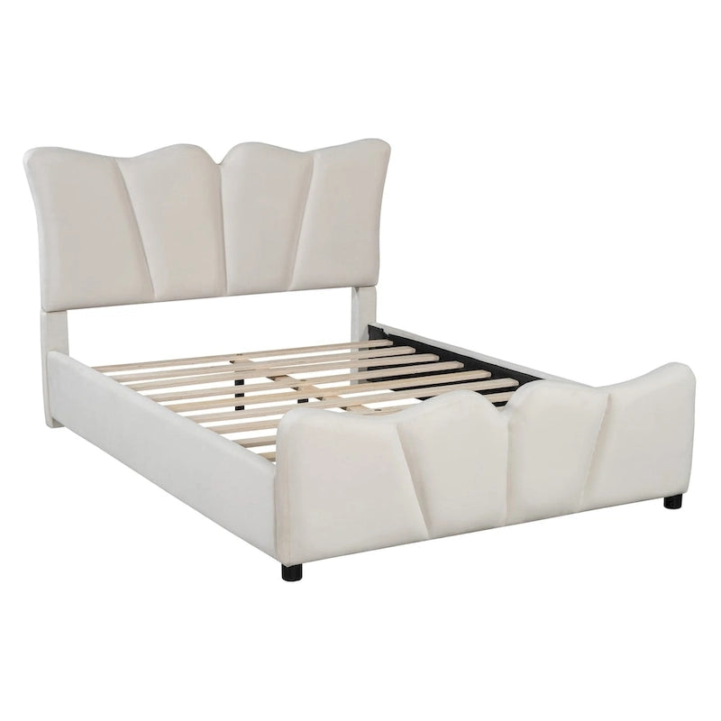 Beige/Grey Velvet Upholstered Platform Bed, Twin/Full, for 1