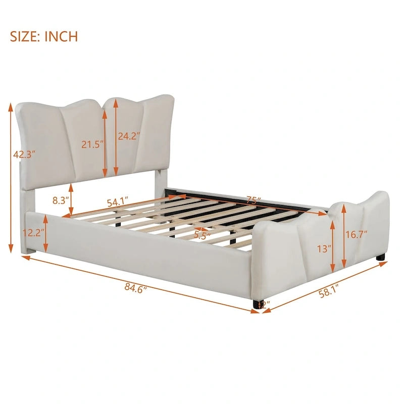 Beige/Grey Velvet Upholstered Platform Bed, Twin/Full, for 1