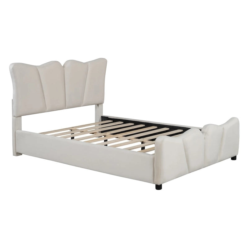Beige/Grey Velvet Upholstered Platform Bed, Twin/Full, for 1