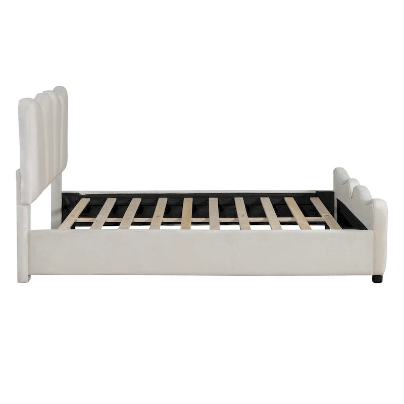 Beige/Grey Velvet Upholstered Platform Bed, Twin/Full, for 1