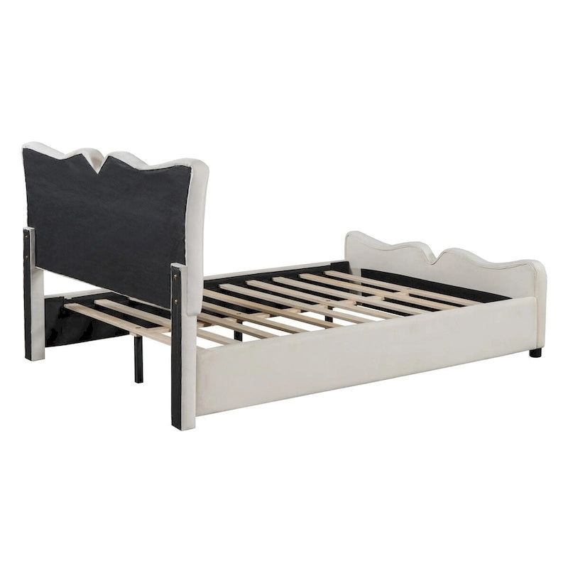 Beige/Grey Velvet Upholstered Platform Bed, Twin/Full, for 1