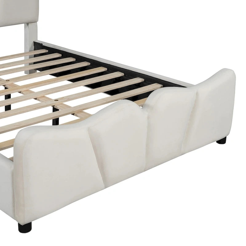 Beige/Grey Velvet Upholstered Platform Bed, Twin/Full, for 1