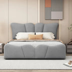 Beige/Grey Velvet Upholstered Platform Bed, Twin/Full, for 1