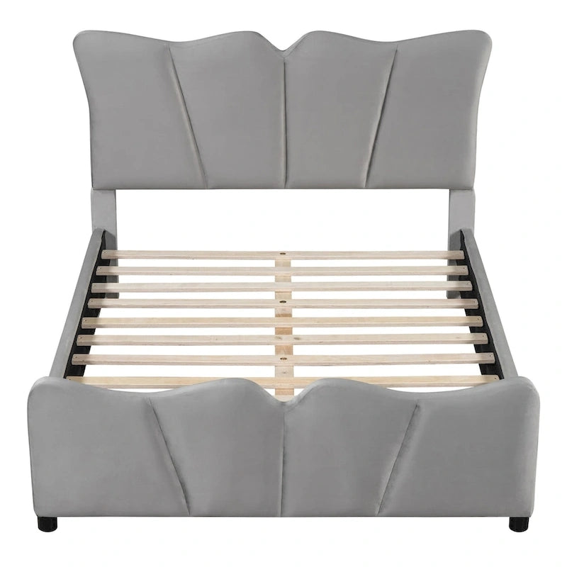 Beige/Grey Velvet Upholstered Platform Bed, Twin/Full, for 1
