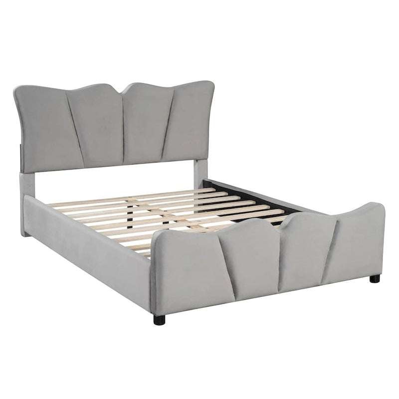 Beige/Grey Velvet Upholstered Platform Bed, Twin/Full, for 1