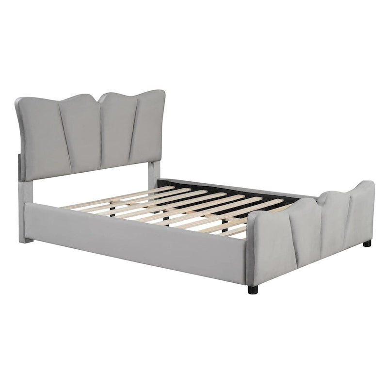 Beige/Grey Velvet Upholstered Platform Bed, Twin/Full, for 1