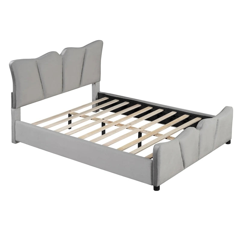 Beige/Grey Velvet Upholstered Platform Bed, Twin/Full, for 1