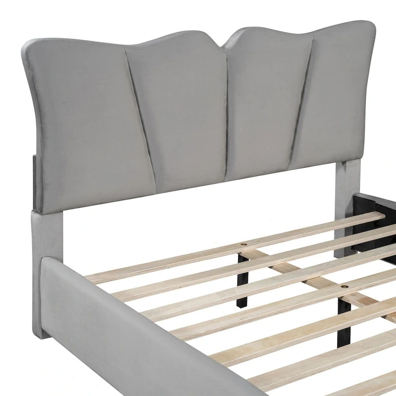 Beige/Grey Velvet Upholstered Platform Bed, Twin/Full, for 1