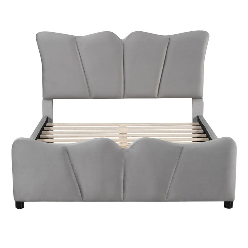 Beige/Grey Velvet Upholstered Platform Bed, Twin/Full, for 1