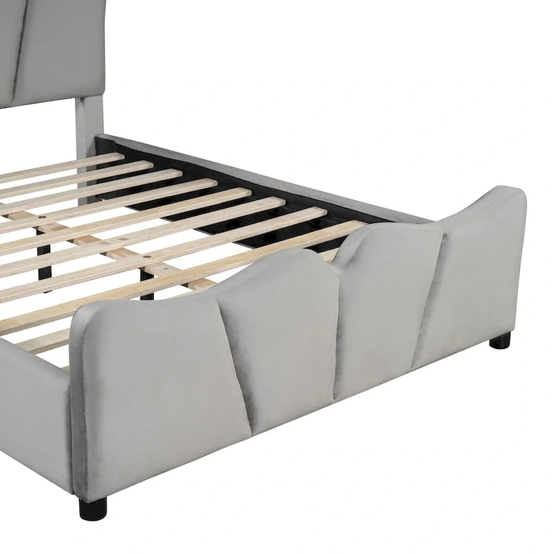 Beige/Grey Velvet Upholstered Platform Bed, Twin/Full, for 1